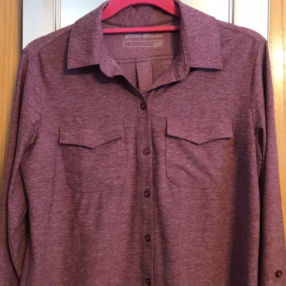 Heather red Eddie Bauer size Medium button up with convertible roll up sleeves - Picture 2 of 9